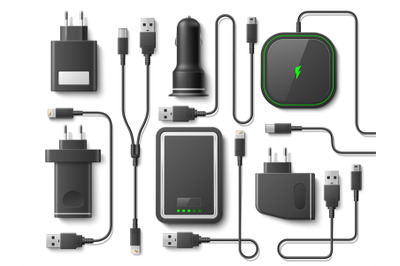 Realistic phone charger. Cables with different types sockets, wireless