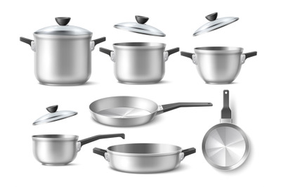 Realistic pots and pans. Shiny metal cookwares, 3d isolated utensils,