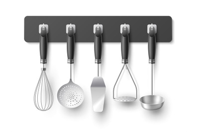 Hanged kitchen utensils. Realistic steel cooking tools&2C; 3d isolated me