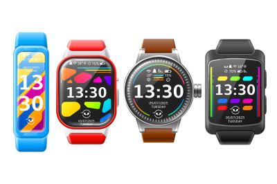 Realistic smartwatches. Electronic techno gadgets, wearable accessorie