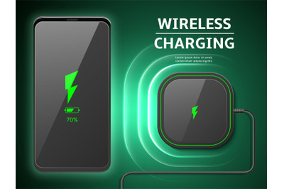 Wireless charger. Realistic black smartphone with battery charger devi