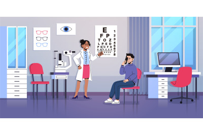 Optometrist examination. Doctor checks patient eyesight&2C; glasses selec