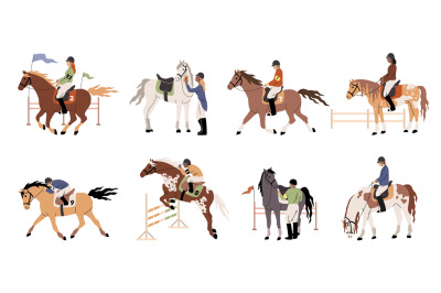 People riding horses. Horsemen in jockey clothes and helmets, professi