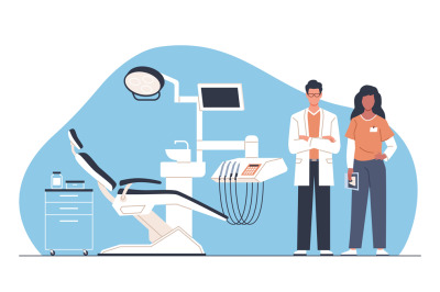 Dentists team. Empty dental chair, professional doctors characters, me