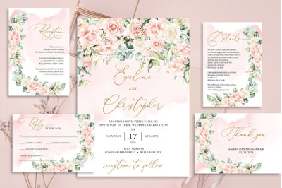 Boho blush pink roses and gold wedding invitation ROZY PSD template