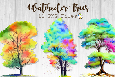 Watercolor Woodland Country Trees - 12 Transparent PNG Files