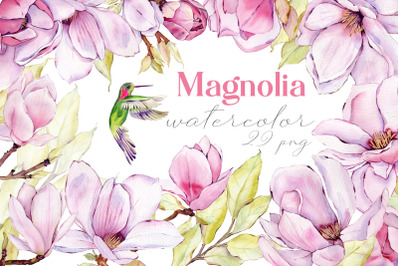 Watercolor pink magnolia flowers clipart Romantic bouquet