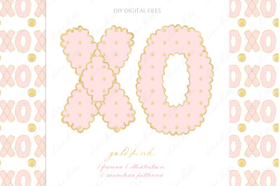 XO Pink Gold Valentines Day Vintage DIY Digital Clipart