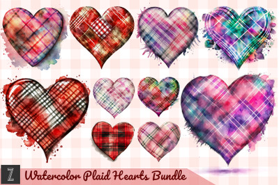 Watercolor Plaid Heart Cliparts Bundle