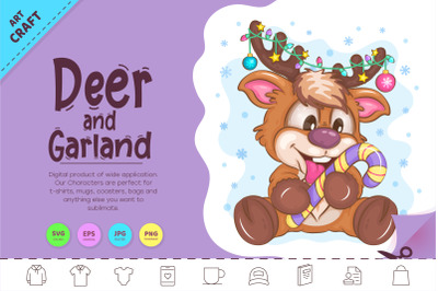 Cartoon Deer with Garland. Clipart.