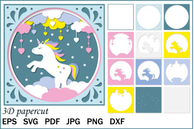 Unicorn. Multilayer 3D postcard SVG, shadow box
