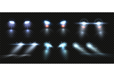 Car lights. Night road headlights beams, light overlay effect of auto