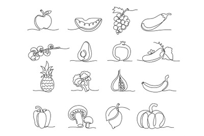 One line vegetables and fruits. Hand drawn groceries, healthy and natu