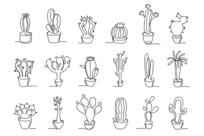 One continuous line potted cactus. Hand drawn Mexican cacti, home deco