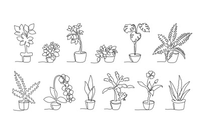 One continuous line potted plants. Home decor plants in cute pots, han