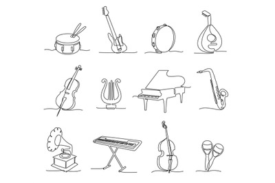 One continuous line musical instruments. Instrumental music, different