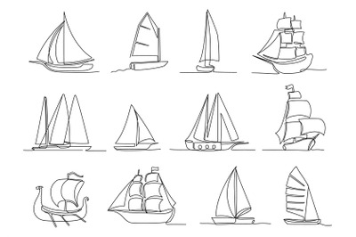 One continuous line sailing ship. Hand drawn different types of sailbo