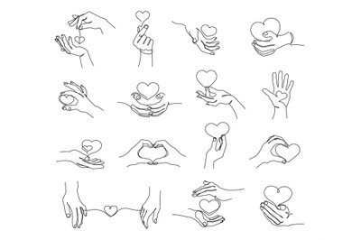 One line hands holding heart. Hand gestures with love shape, lovely ro