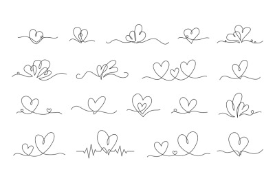 One continuous line heart. Hand drawn connected couple hearts, minimal