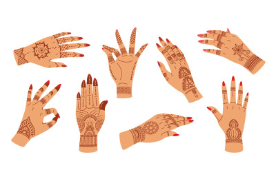 Mehndi ceremony hands. Elegant woman hand with Indian patterns henna t