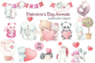 Valentine&#039;s Day Watercolor PNG. Animals in Love Clipart