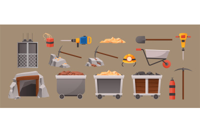 Cartoon mining elements. Mine cave entrance, mining elevator and tools