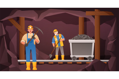 Miners in coal cave. Mine worker digging tunnel, rail trolley with ore