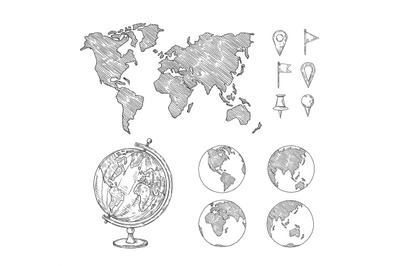 Sketch globe maps. Hand drawn earth lands, doodle world map with conti