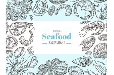 Seafood menu flyer. Sea restaurant banner with hand drawn sketch shrim