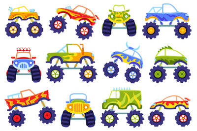 Cartoon monster trucks. Kids cars with big wheels&2C; extreme race truck