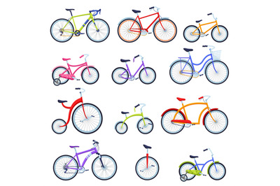 Cartoon bicycles. Different types of bikes for kids and adults, city b