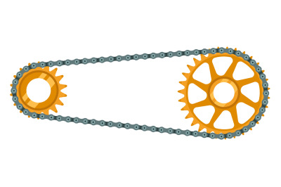 Bicycle drivetrain. Chain with cogwheels, bike transmission and bicycl