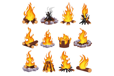 Cartoon campfire. Wood bonfire, burning log and fieldstone fire pit. S