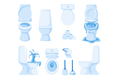 Cartoon white toilet. Ceramic lavatory pan in different angles, toilet