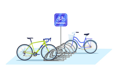 Bicycle parking area. Public bike rack with parking sign and parked bi