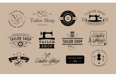 Tailor shop emblem. Elegant dressmaker label, atelier tag with dummy,