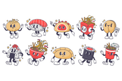 sian food mascot. Japanese dish character sushi roll, rice onigiri and