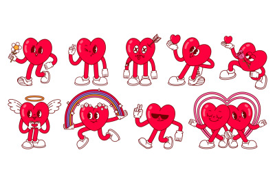 Heart character. Love mascot hearts with cute faces, cartoon feets and