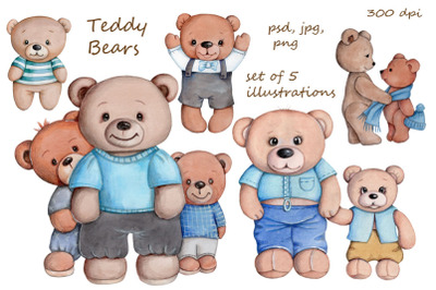 Set of teddy bears 5 illustrations for children