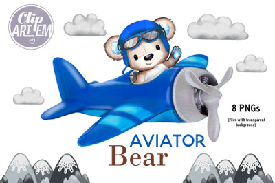 Cute Aviator Bear Baby Bomber Hat Airplane 8 PNG Clip Art Bundle
