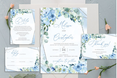 Boho dusty blue floral silver frame wedding invitation DIY PSD BLOY