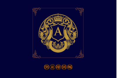 Classic elegant gold crown shield badge illustrations