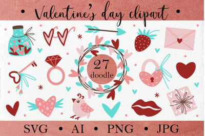 Valentine&#039;s Day SVG clipart, cute romantic doodle set