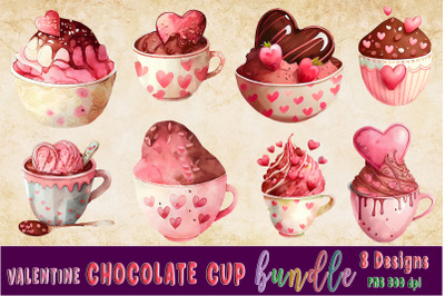 Valentine Chocolate Cup Watercolor Clipart Bundle