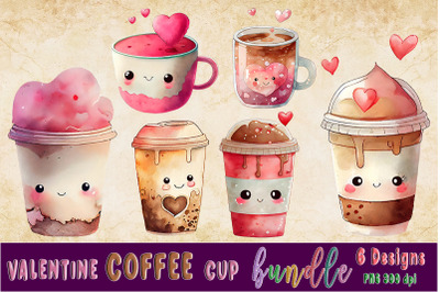 Valentine Coffee Cup watercolor Clipart Bundle