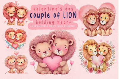 Valentine Couple of Lion Holding Heart watercolor Clipart Bundle