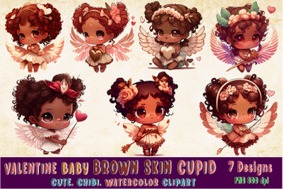 Valentine Chibi Cupid Baby Girl watercolor Clipart Bundle