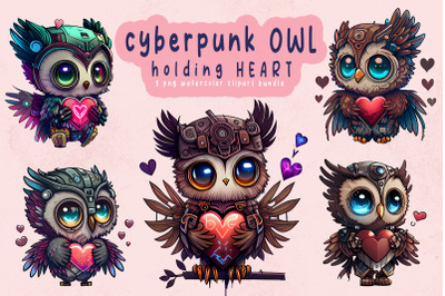 Cyberpunk Cute Chibi Owl Holding Heart Clipart Bundle