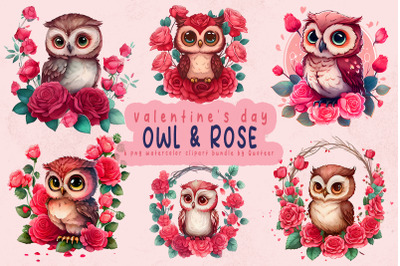 Valentine Owl &amp; Rose watercolor clipart Bundle
