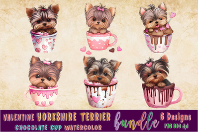 Valentine Yorkshire Terrier Dog in Chocolate Cup watercolor clipart Bu